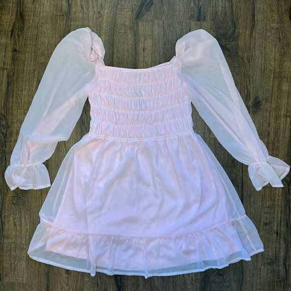 Eilly Bazar Baby Pink Shirred Flounce Sleeve Ruffle Hem Chiffon Dress - Picture 7 of 10